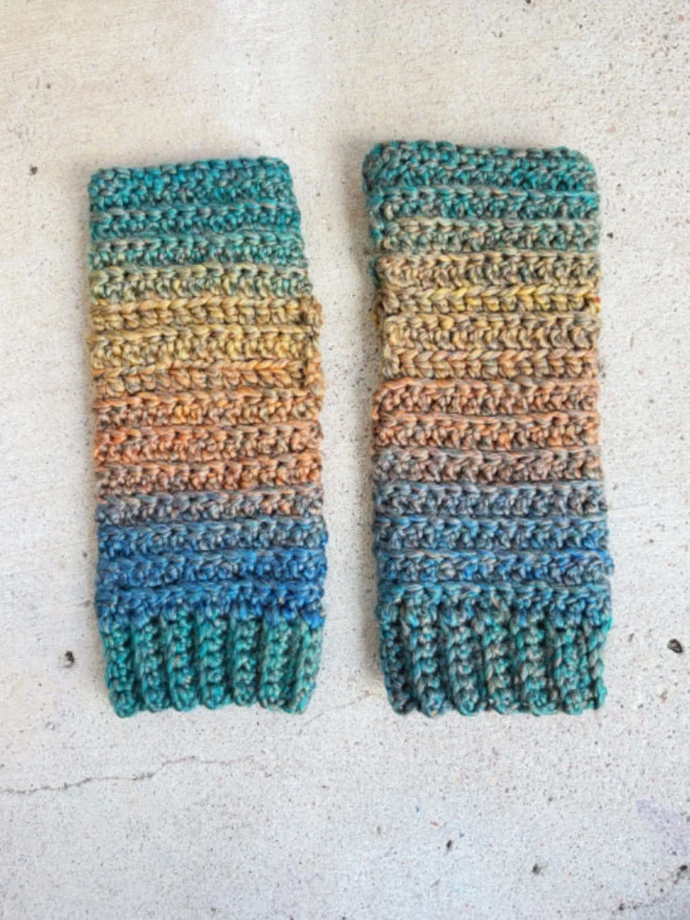 Handmade Crocheted Fingerless Gloves in Teal, Orange, and Gold